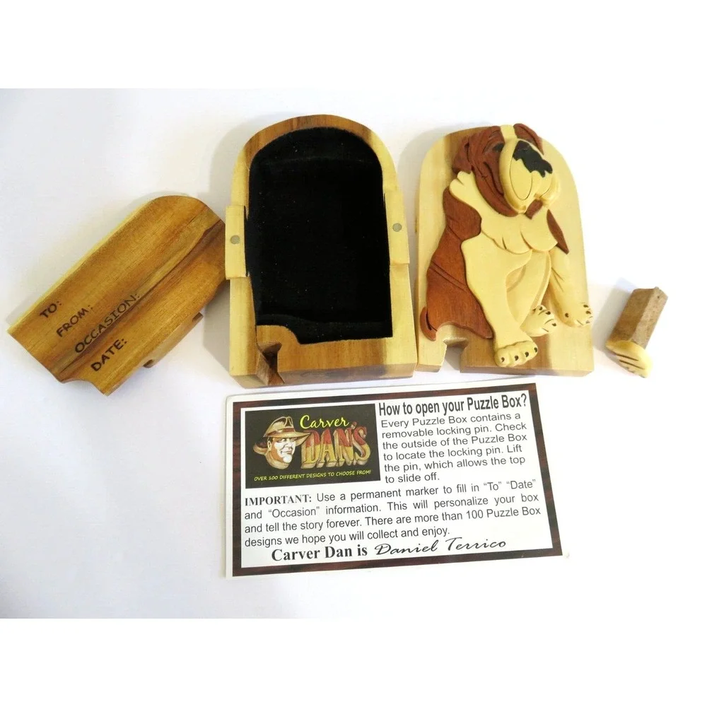 Carver Dan's Hand Crafted Wooden Dog Puzzle‎ Secret Compartment Box BULLDOG